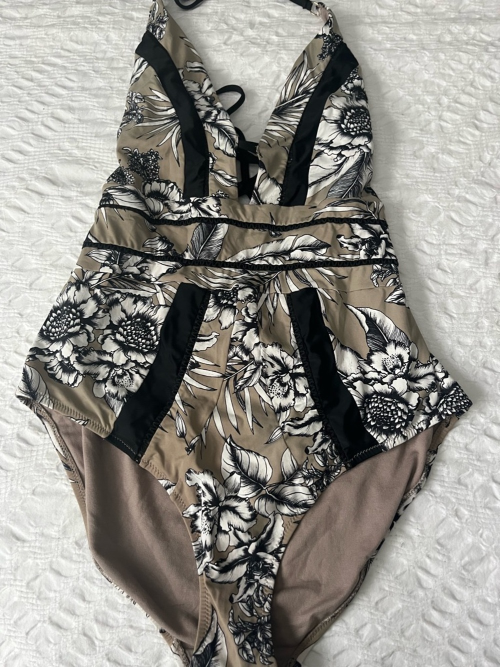 Womans Floral Tan and Black One-Piece Swimsuit sz12